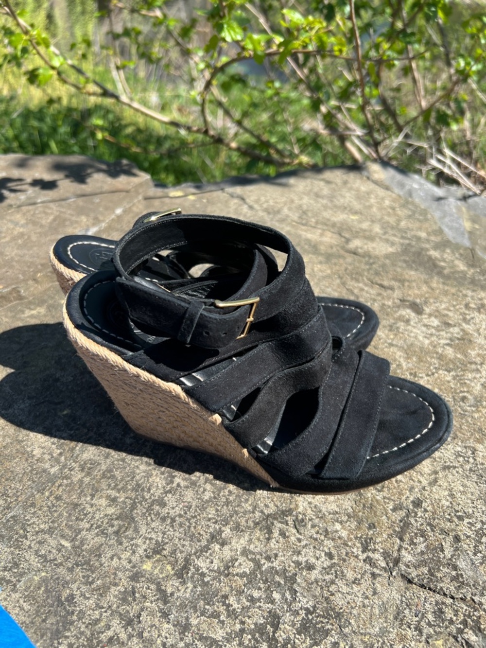 Tory Burch Black Suede Espadrille Wedge Sandals